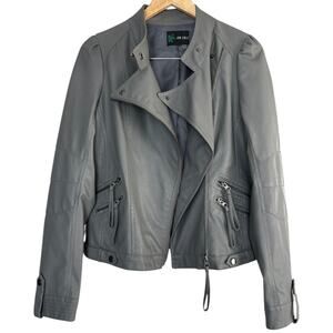 OH YES Gray Faux Leather Moto Jacket Asymmetrical Zip Multiple Pockets